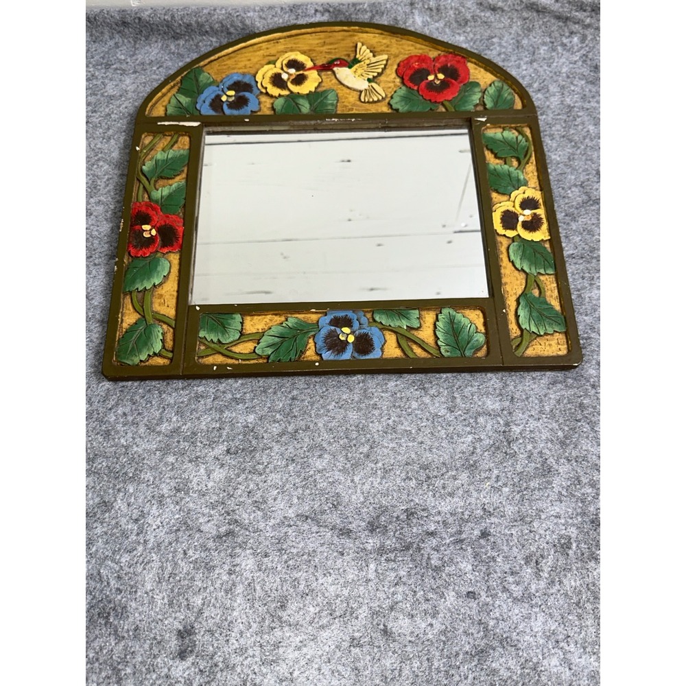 Vintage Hand Painted Pansy Hummingbird Floral Arched Wall Mirror Cottagecore